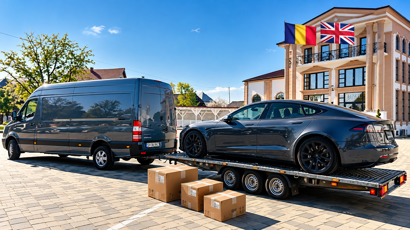 Van și mașină pe platformă între România și Anglia